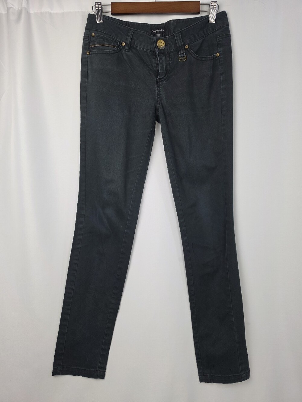 ONLY Jeans Women's 28 Black Charcoal Skinny Jeans Gold Zip Pockets Y2K Moto